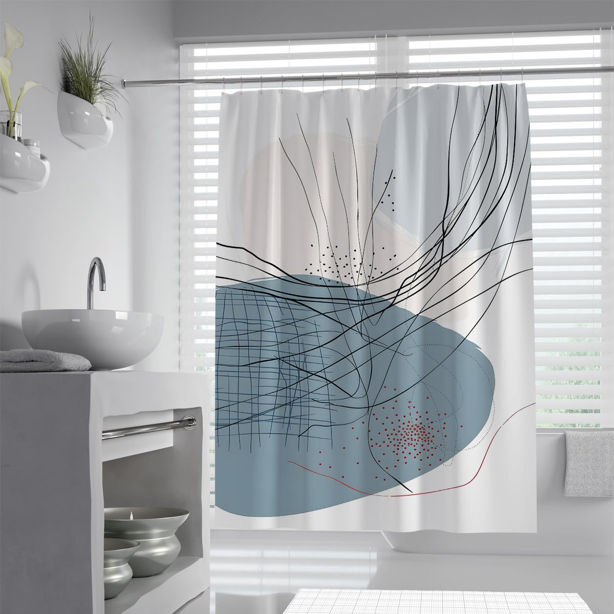 Uiringart Shower Curtains Blue Grey Abstract Splatter Lines W180xl200cm Modern Geometric Mildew Resistant Waterproof Bath Tub Curtain Decor With Hook