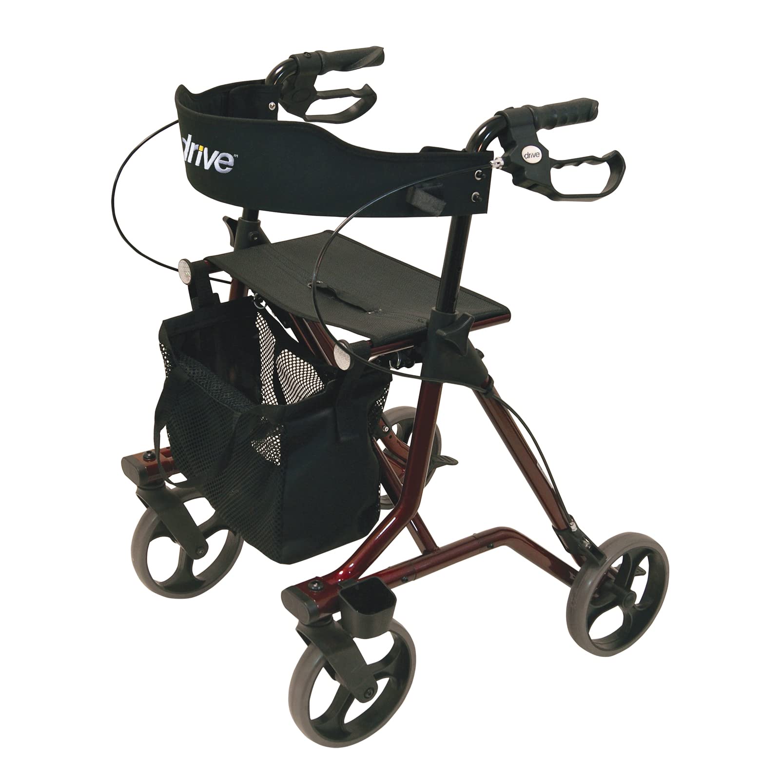 Drive Medical Andador Torro en rojo para uso interior y exterior, andador estable con asiento y respaldo, con cesta y soporte para bastón, estructura de aluminio de 6,9 kg, soporta hasta 150 kg