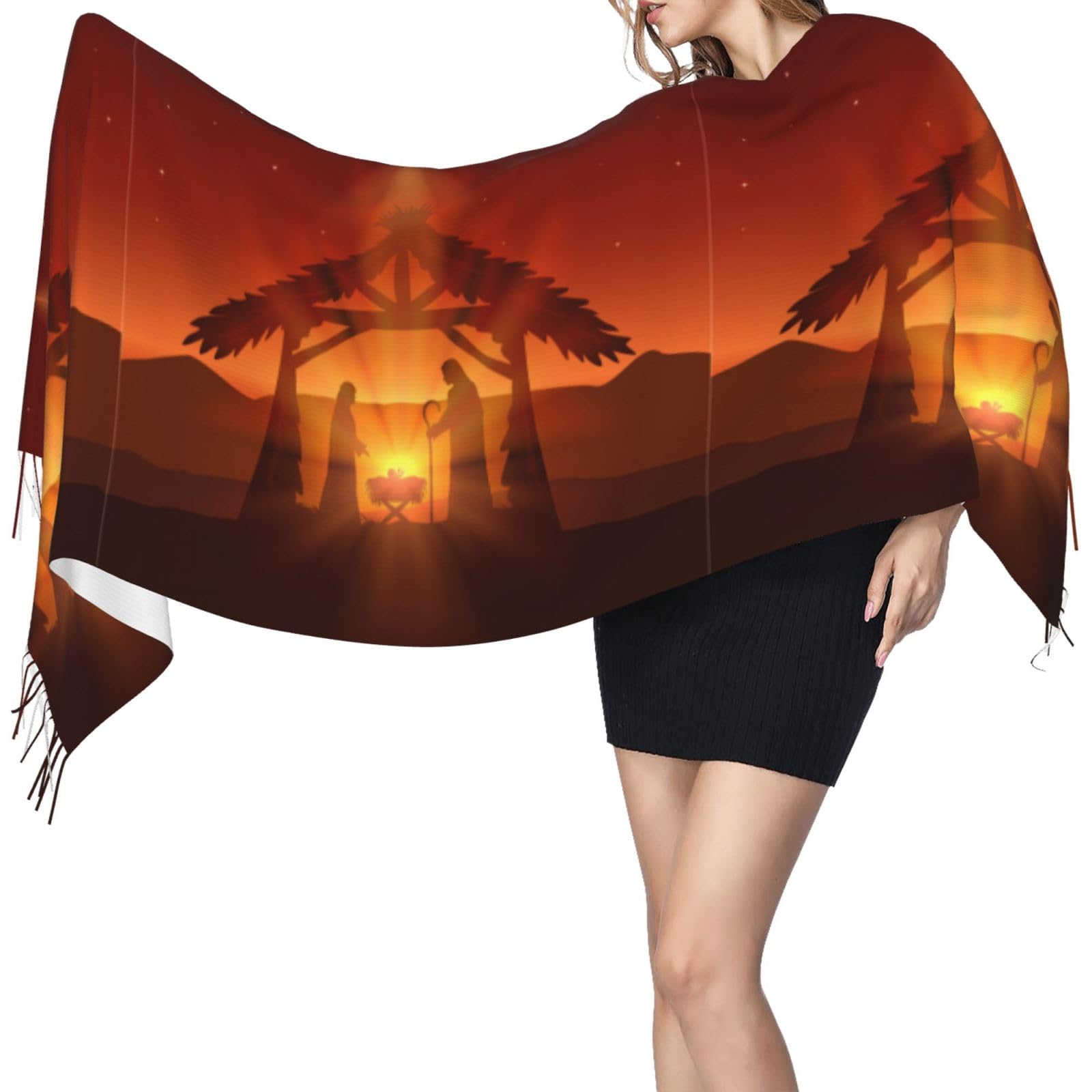 Lnfzizo Unisex Black Christmas Christian Nativity Scene Women's Winter Scarf Cashmere Fringed Pashmina Shawls Wraps, Long Blanket Scarves Tassel 27 * 77 Inches