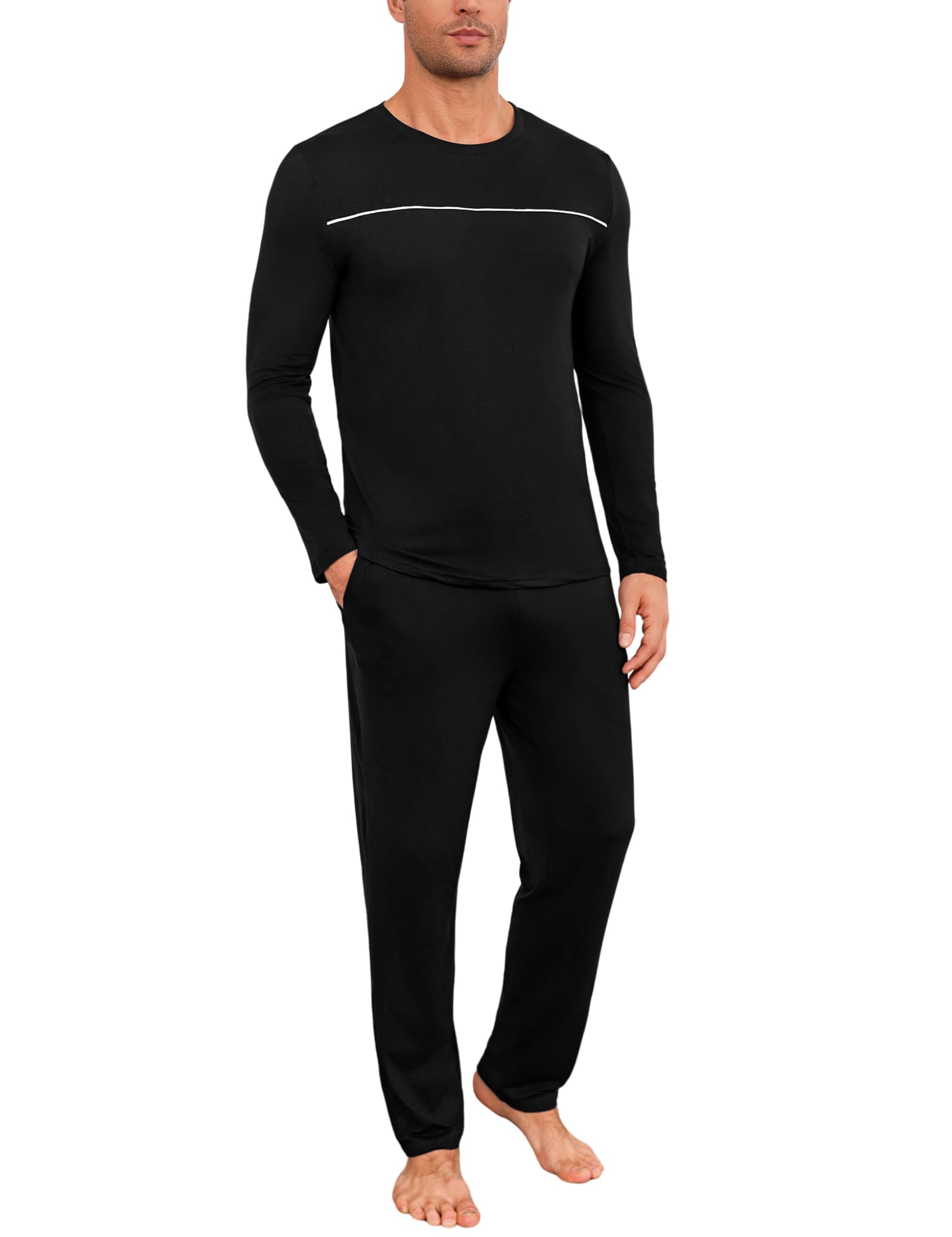 Marvmys Herren Schlafanzug Lang Winter Baumwolle Pyjama Set Rundhals Taschen Verstellbarer Bund Bequeme Nachtwäsche