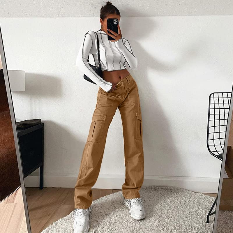 Image of Lepunuo Cargo Pants for Women High Waisted Casual Pants Baggy Stretchy Wide Leg Y2K Streetwear with 6 Pockets