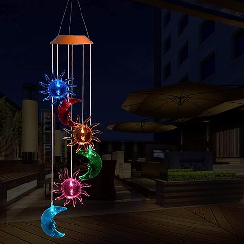 Miniatura 6 de Campanilla de viento de luna y estrella para exteriores, lámpara de luz LED que cambia de color solar, campanillas de viento solares para el hogar,