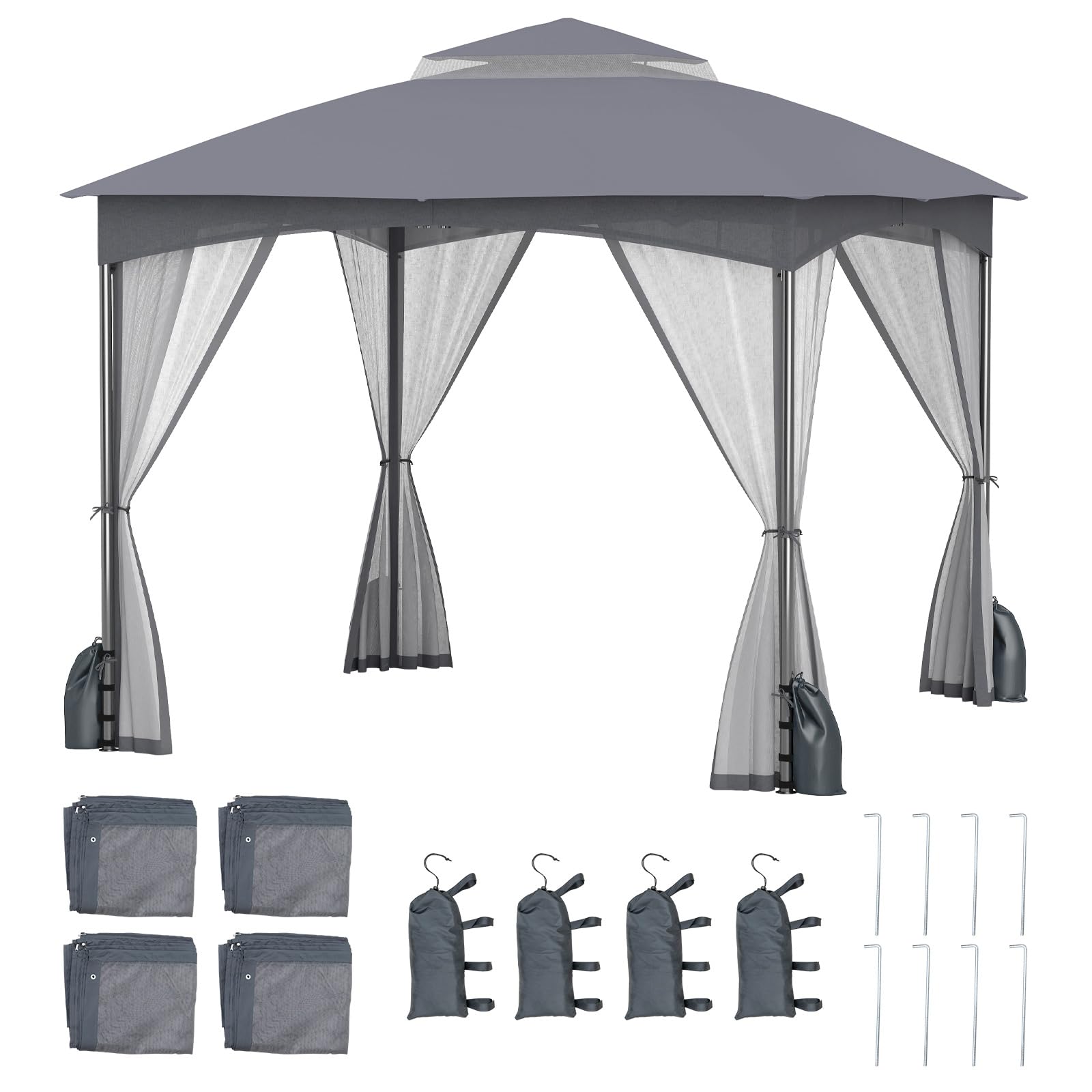 COSTWAY 3m x 3m/3.6m x 3m Garden Gazebo, Double Roof Patio Pavilion Tent with Netting Sidewalls and 4 Sandbags, Heavy Duty Waterproof Marquee Canopy Shelter (Gray, 296 x 296 x 274 cm)