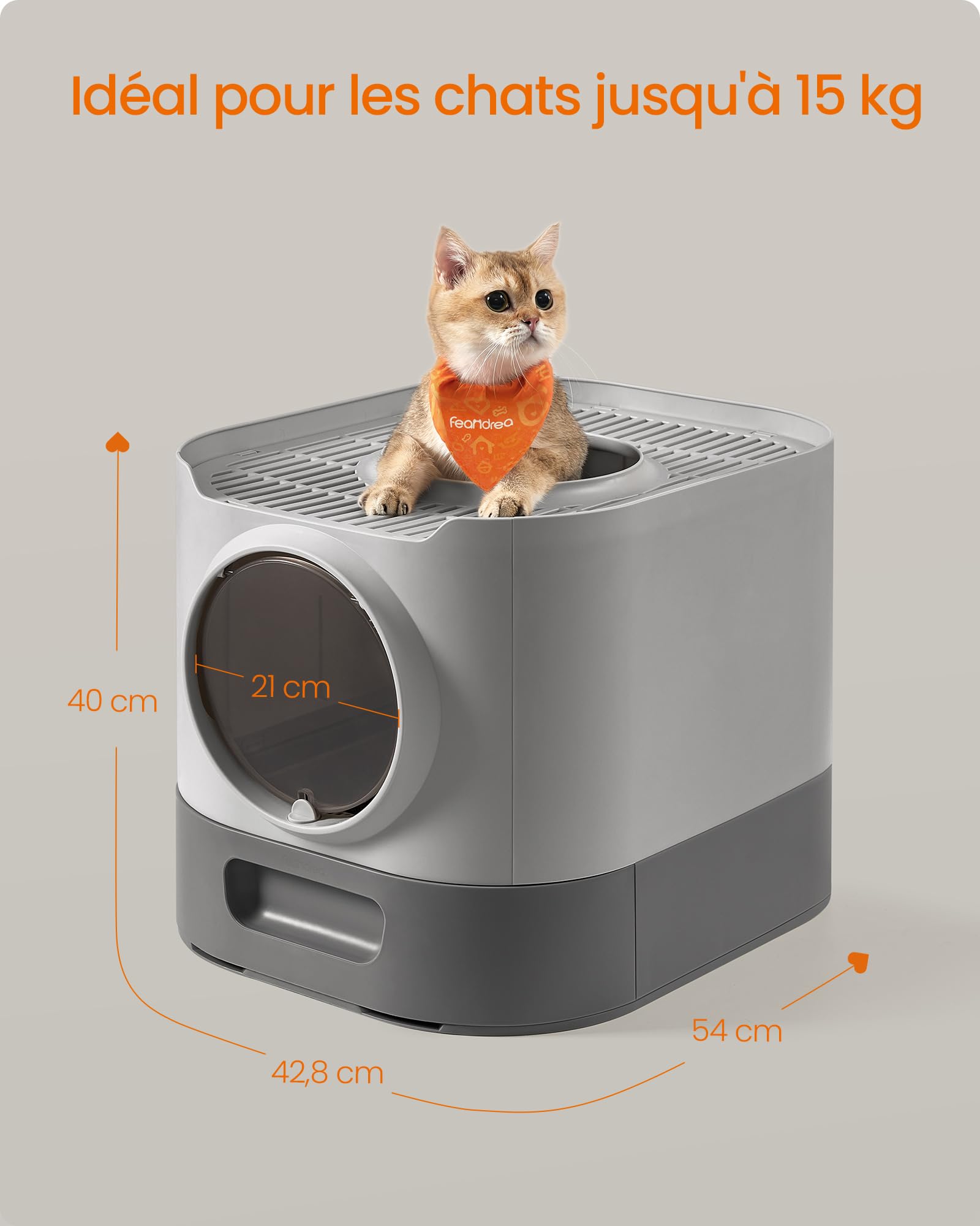 Feandrea Bac à Litière, Litière pour Chat XXL, avec Couvercle, Plateau Amovible, Pelle, Brosse, Espace pour Grands Chats, Moins de Traces, Fond Anti-Fuite, Gris Tourterelle et Gris Ardoise PPT002B01