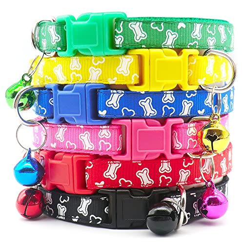 Small Dog Puppy Pet Collar and Lead Set White Bone Design Nylon Adjustable Size 19-32cm Collar with Bell and 120cm Leash Green - Image 4