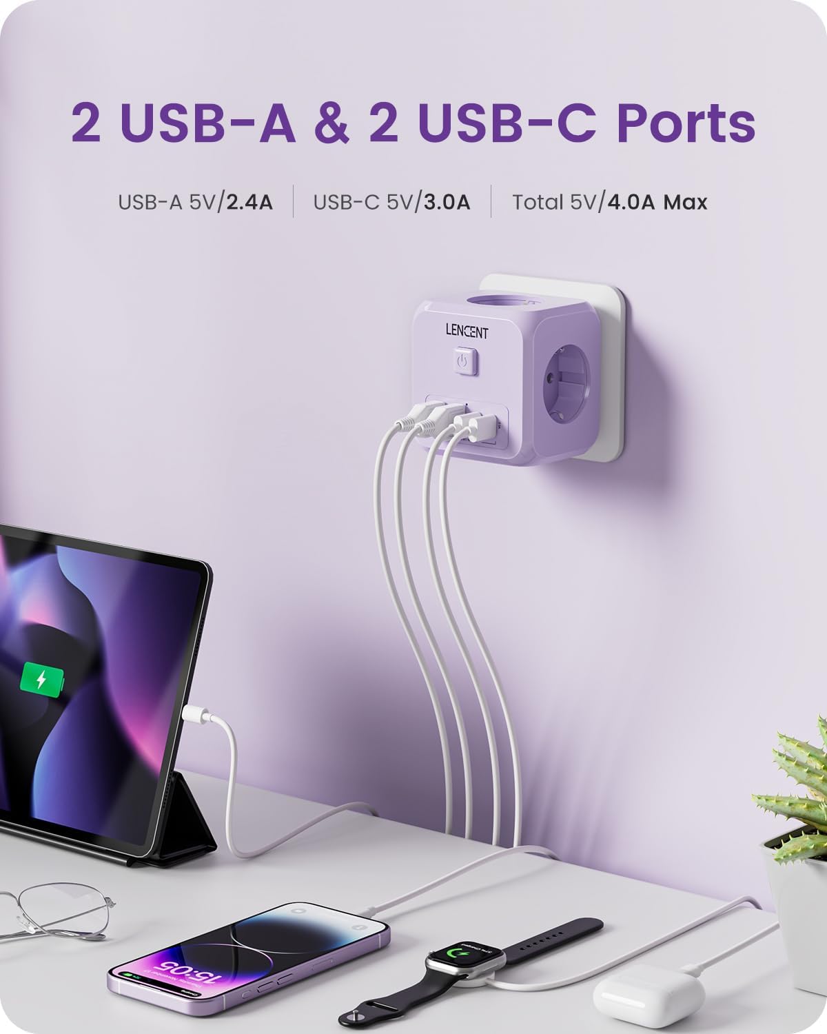 LENCENT power strip charging multiple devices like a tablet, smartphone, smartwatch, and earbuds.