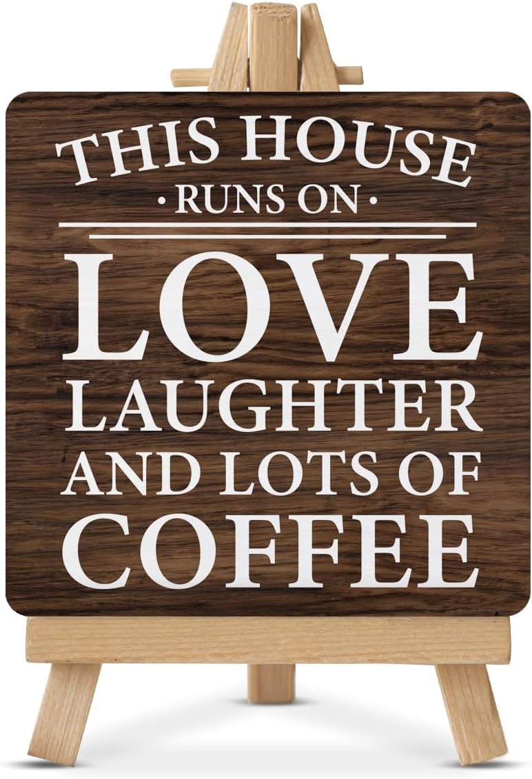 Sarvada Decor Coffee Sign Coffee Signs for Coffee Station Farmhouse This House Runs on Love Laughter and Lots of Coffee Wooden Sign with Easel for Home Kitchen Living Room Desk Coffee Table Decor, polychrome-picture-13