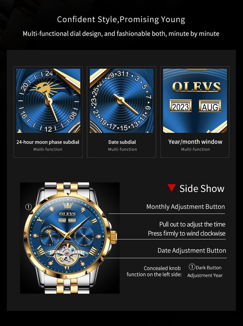 OLEVS Mens Automatic Watch Luxury Dress Diamond Self Winding Skeleton Tourbillion Stainless Steel Original Watches for Men - Image 5