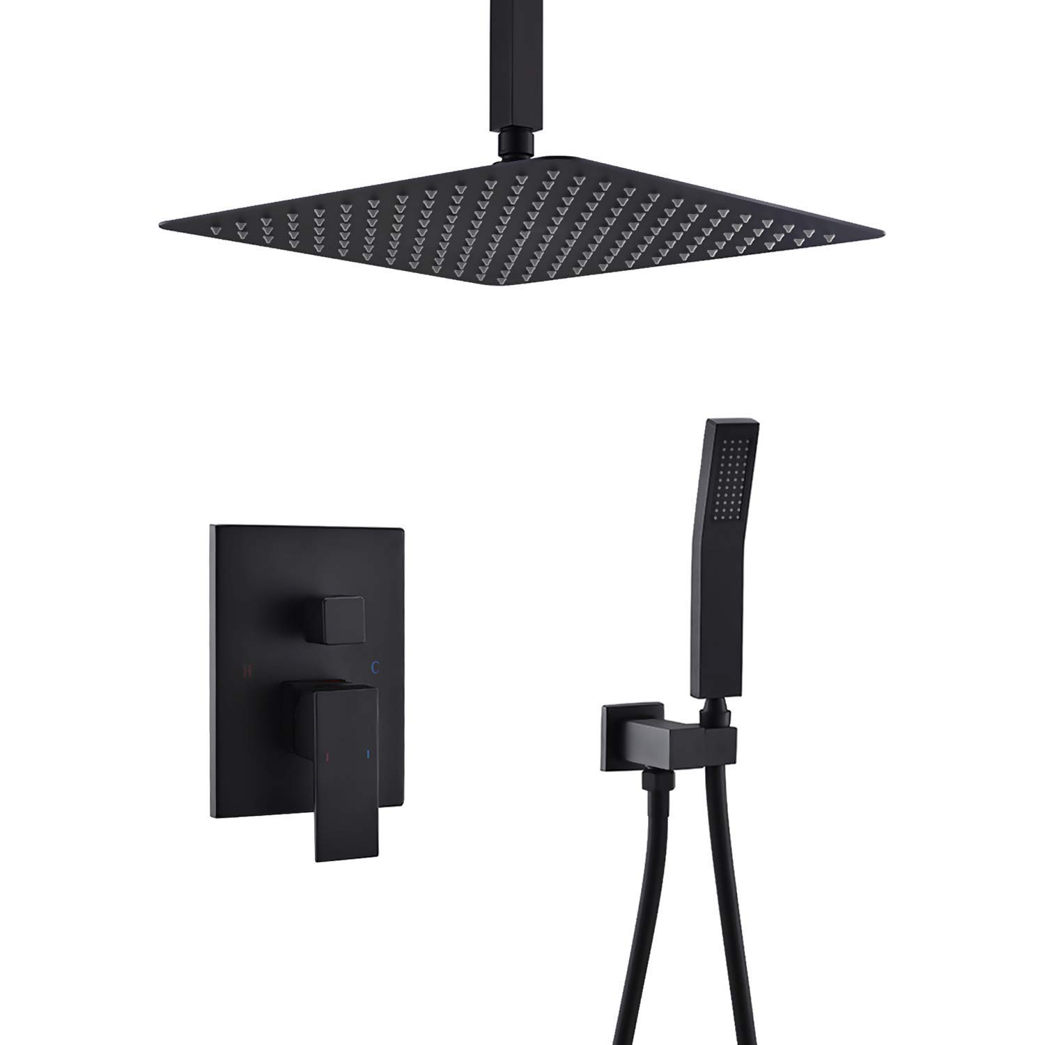 Matowy czarny system prysznicowy 25,4 cm z wysokociśnieniową głowicą prysznicową i luksusową metalową baterią sufitową dla doświadczenia przypominającego spa, nowoczesne wyposażenie łazienkowe