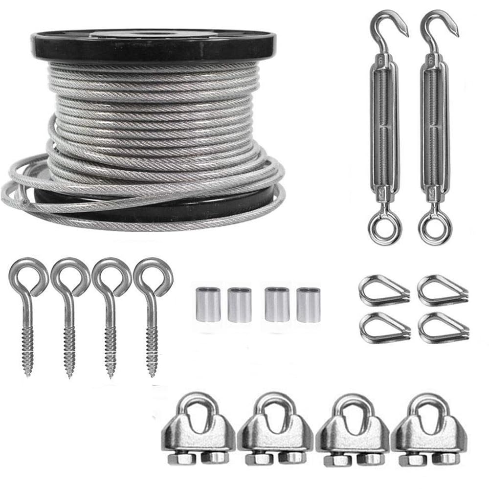 NEWFUN Cable de acero de 5 mm, Juego de Tensores de Cable M6 de acero Inoxidable, Cable de Acero Recubierto de PVC para Tendederos, Alambre de Jardín, Colgar Cuadros.