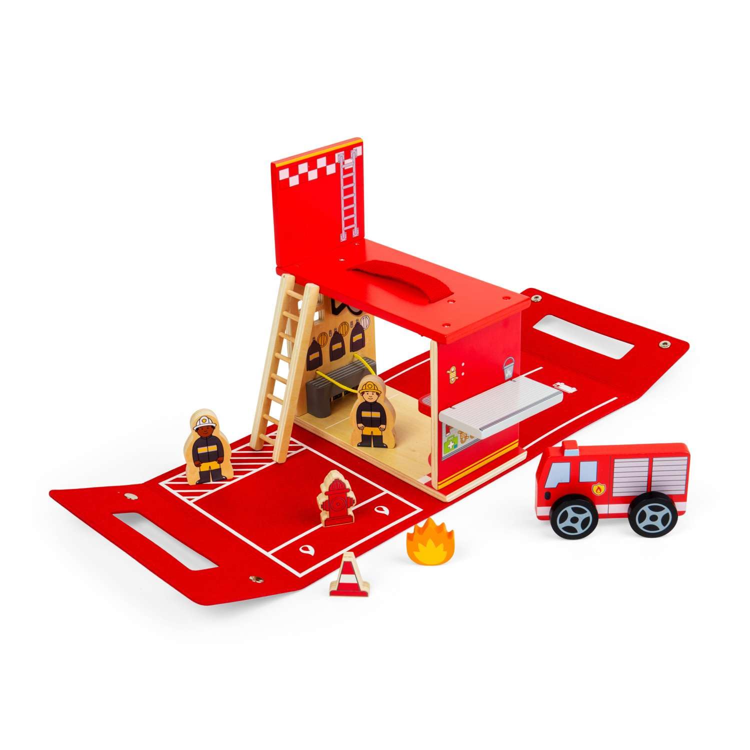 Bigjigs Toys Remiza strażacka w podróży, drewniany zestaw podróżny dla dzieci, filcowa torba do przenoszenia, zestaw do zabawy z drewnianym silnikiem, figurkami strażaków i akcesoriami, prezenty dla