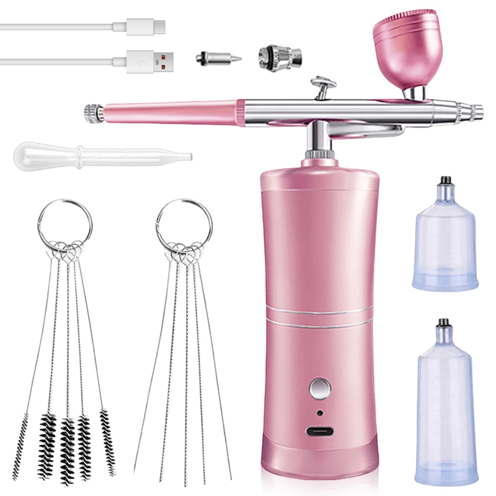 Airbrush Set mit Kompressor, Tragbares Kabelloses Airbrush-Kit, Wiederaufladbare USB Airbrush Kit, Multifunktions Dual Action Spritzpistole Set für Nagelkunst Tattoos Make-up Modellmalerei(Rosa)