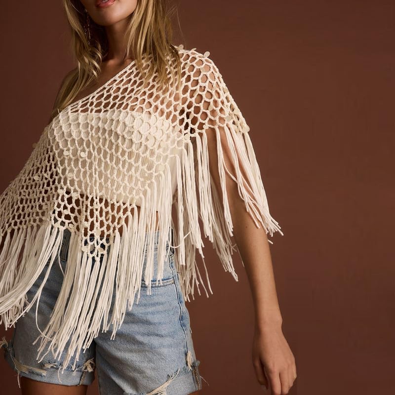 NUFIWI Women Y2K Cutout Knit Poncho Sweater Asymmetrical Crochet Ponchos Cover Up See Through Wrap Bolero Shrug Tops4