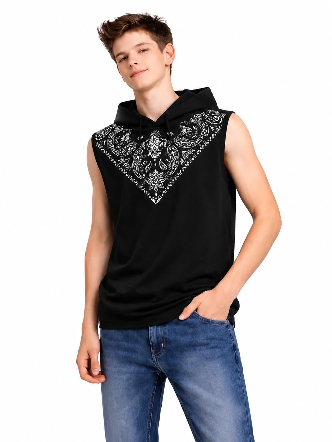 Generic Boys Sleeveless Hoodie with Paisley Print, Black