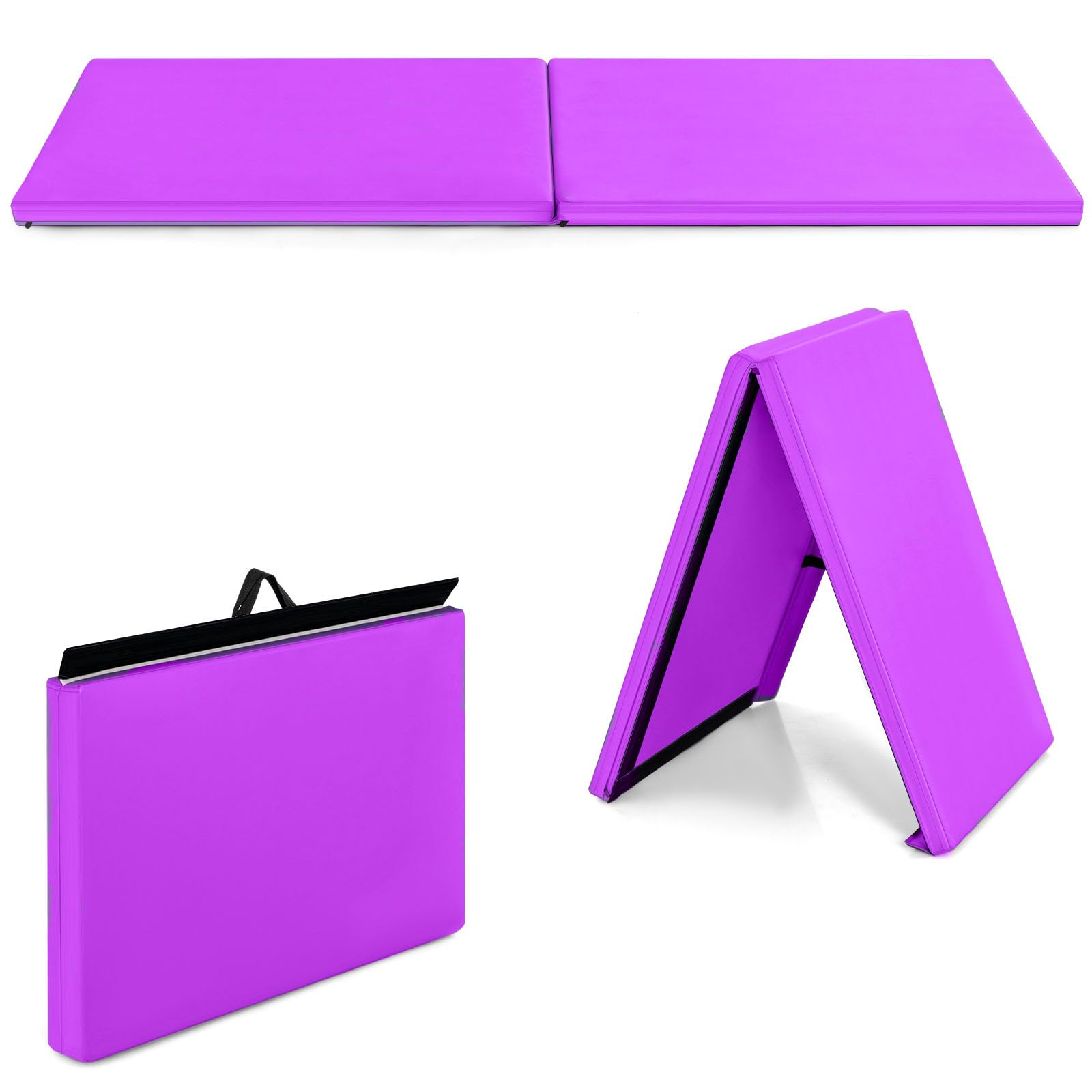 GYMAX Tapis de Gymnastique Épais Pliable 180x60x5cm, Combinaisonable avec Attache Auto-Agrippante, Housse en Simili Cuir, Portable avec Poignées de Transport, pour Yoga Fitness Étirement (Violet Vif)
