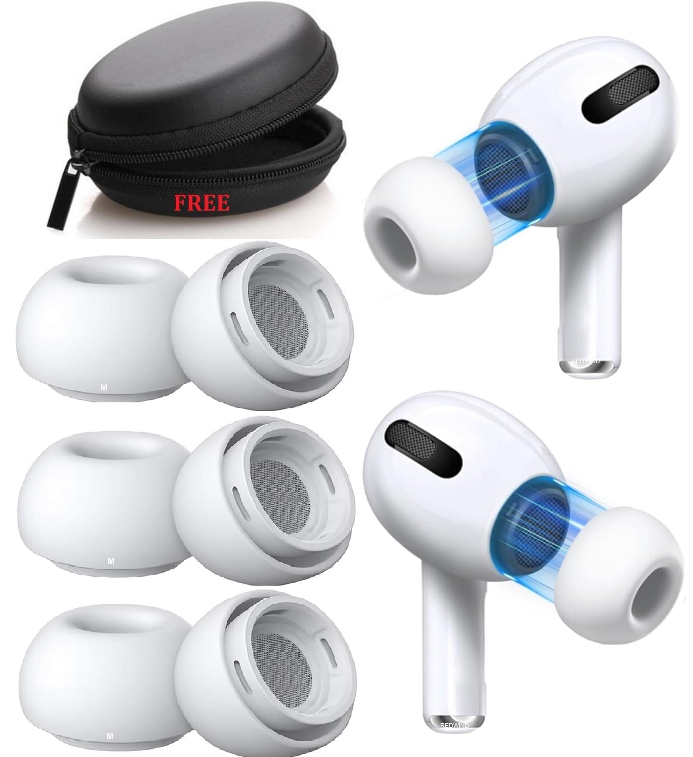 REDWIND Replacement Silicone 3-Pair Ear Tips for AirPods Pro & Pro 2 Noise Isolation Dust Guard Net Anti-Slip Earbuds Tighter Seal, Fits in The Charging Case with Free Pouch Case (Medium - White)