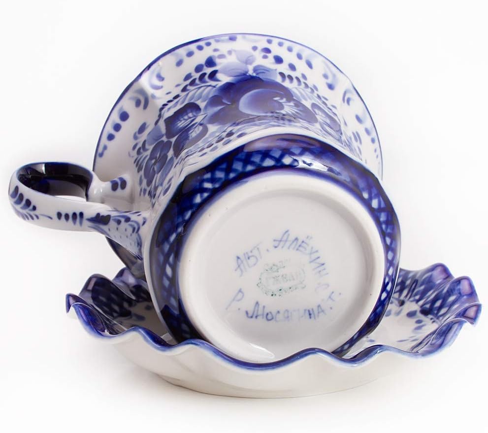 JSC Gzhel Porcelain Kitchen Teacup Bell-flower Teacup and Saucer. Blue and White Porcelain. Gzhel 200 ml Pretty Tea Cup with Matching Saucer