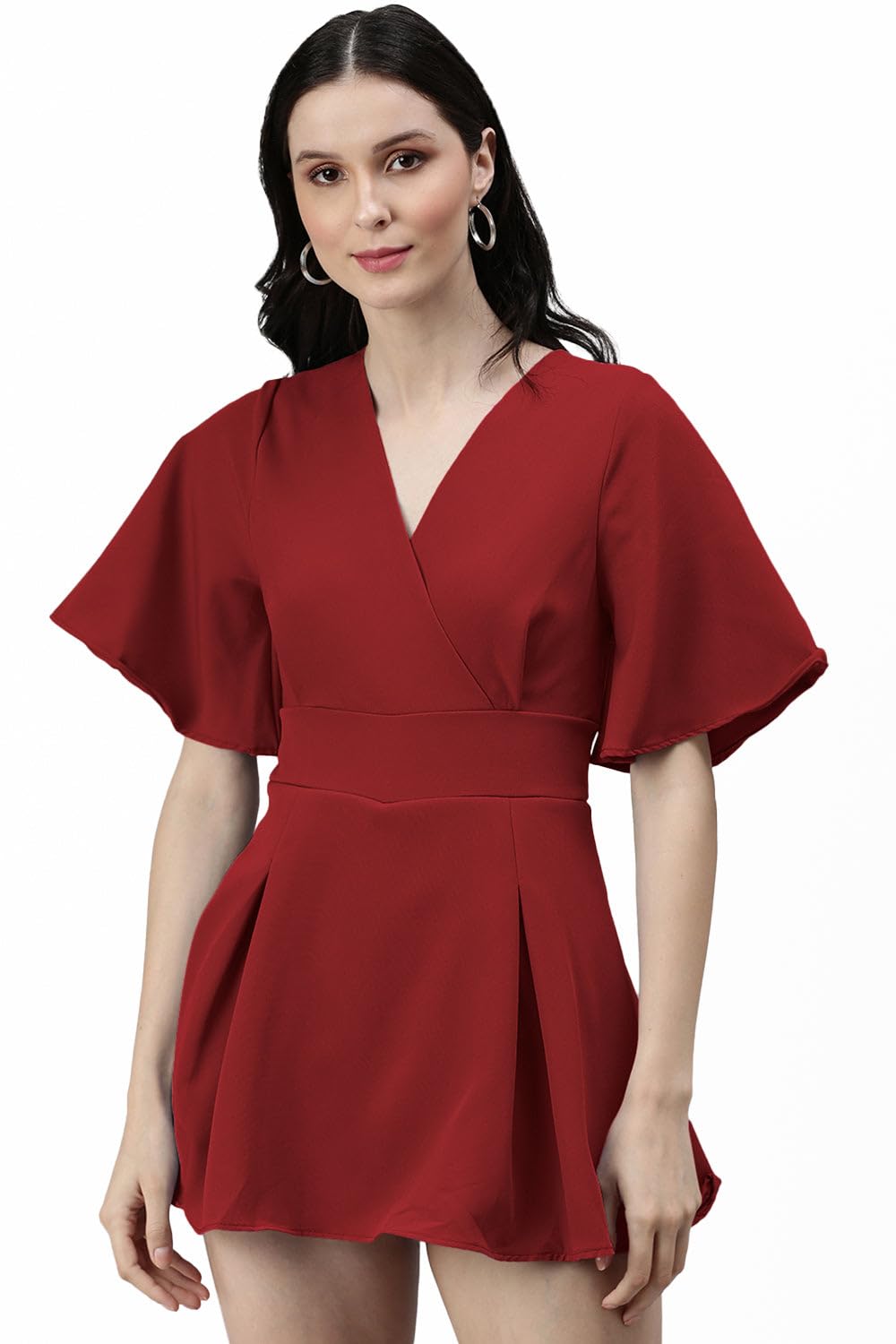 showoffff Women's Red Short Sleeves V-Neck Playsuit-SH-3553_Red-picture-12