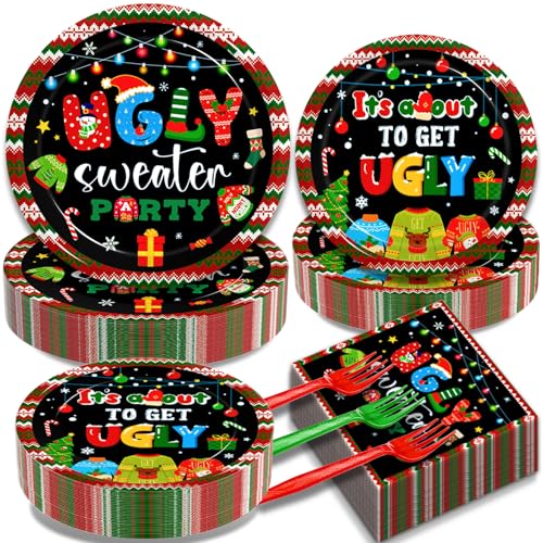 200Pcs Christmas Ugly Sweater Party Plates Red and Green Ugly Xmas Sweater Party Decorations Supplies Winter Holidays Family Gathering Birthday Party Tableware Disposable Dinnerware Set  Serves 50