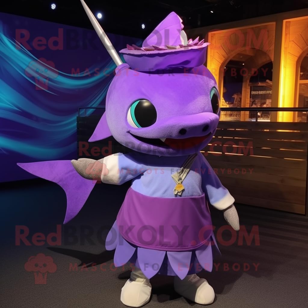 Violettes Schwertfisch-Maskottchen-Kostüm, gekleidet mit Rock und Stirnbändern