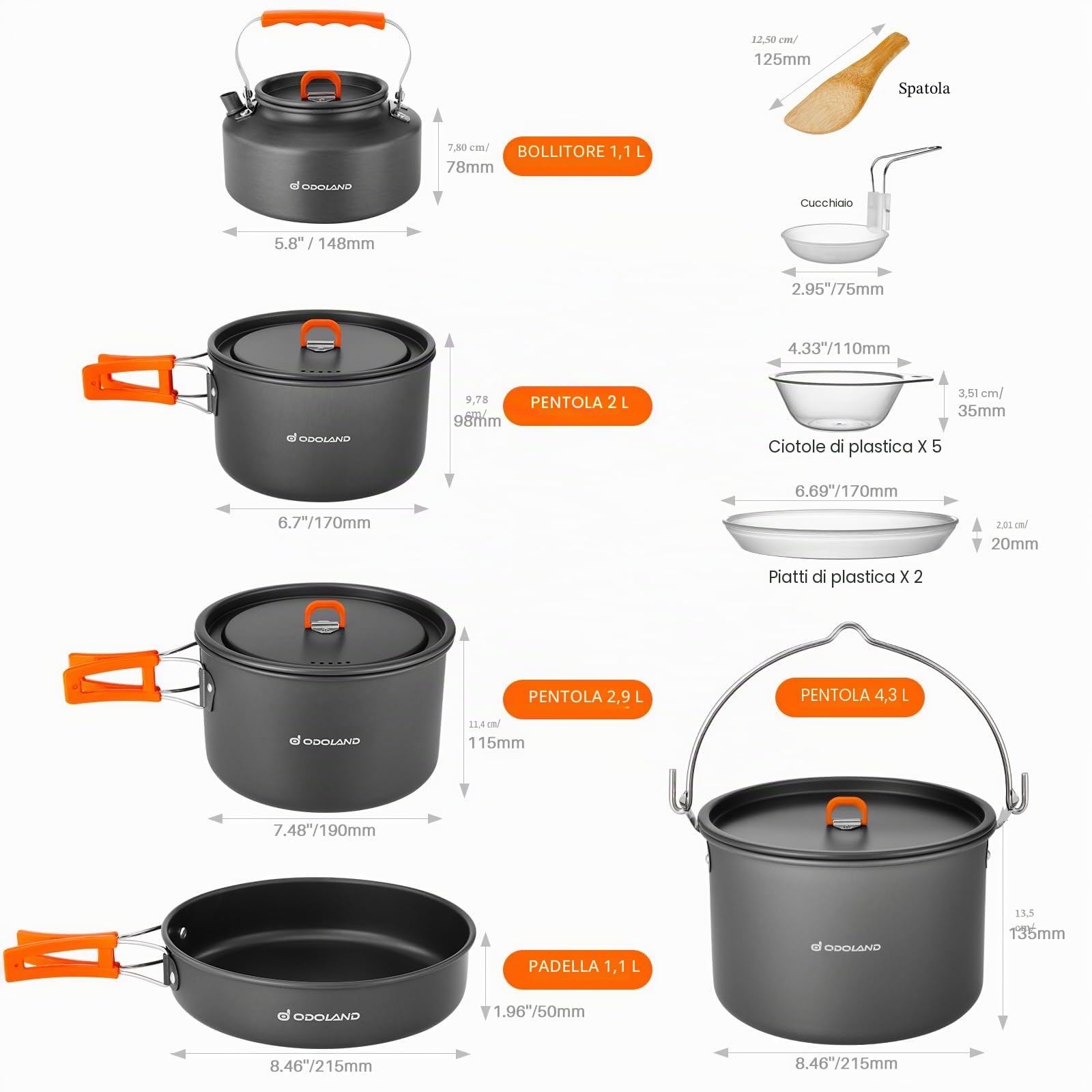 Odoland Set di Pentole da Campeggio 18 Pezzi per 1-5 Persone, Kit di Campeggio con 3 Pentole, 1 Padella e 1 Bollitore, per Campeggio Trekking Escursioni Viaggio Cucina Outdoor e Picnic