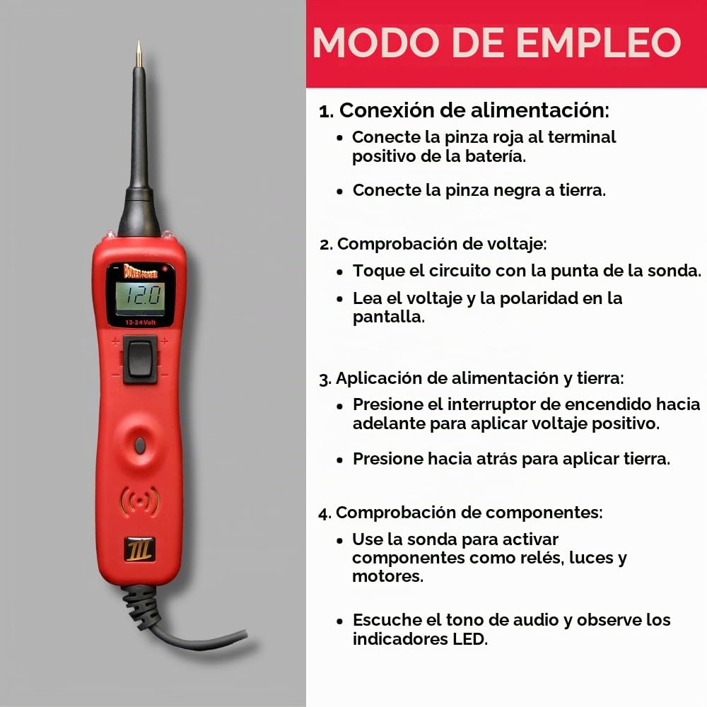 Power Probe 3 PP319FTCRED Kit Comprobador de Circuitos Coche | Voltímetro 12V 24V DC, Inyeccion de Potencia y Masa, Cable 6m mas Alargador 6m, Adaptador de Mechero, Maletin