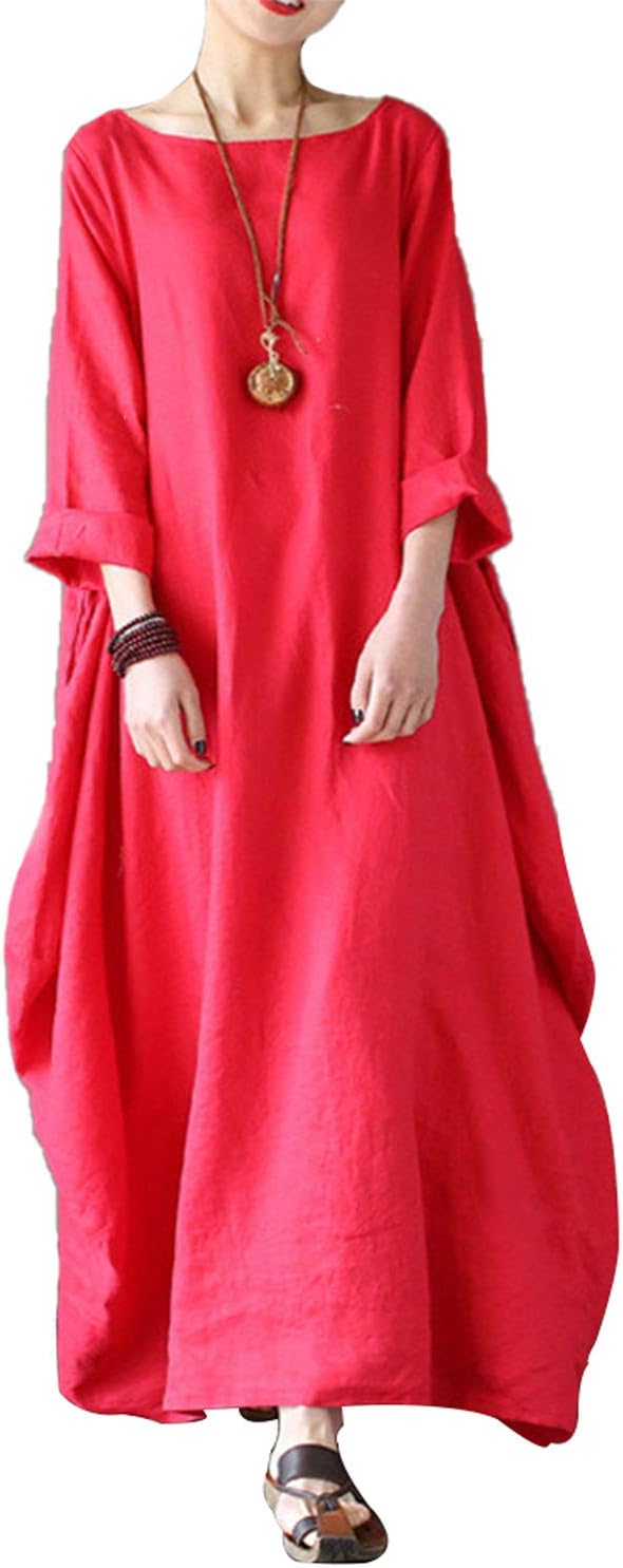 Autumn Solid Loose Long Maxi Dress Cotton Caftan