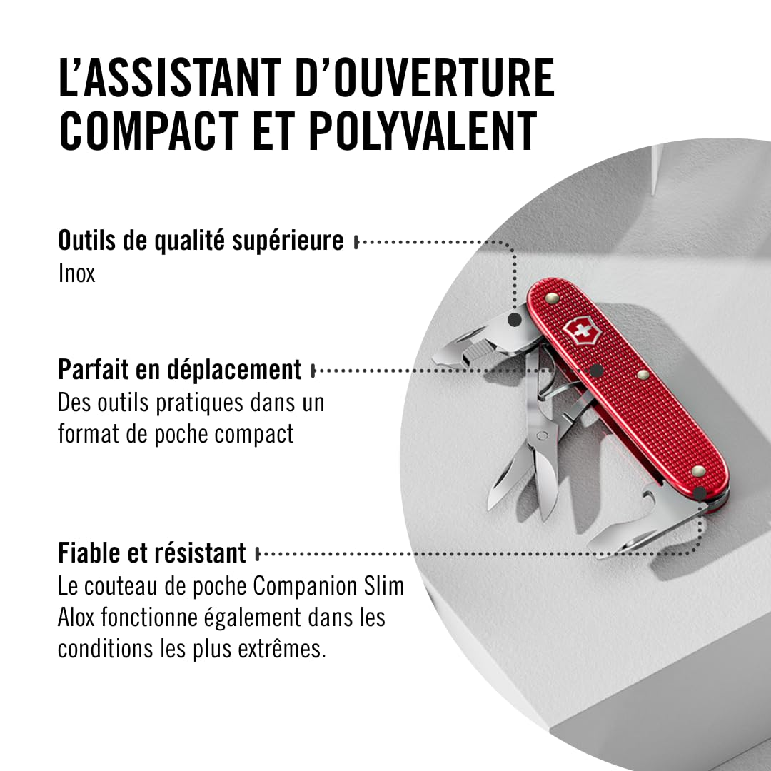 Victorinox Outil de Poche Companion Slim Alox, Outil Multifonction, 6 Fonctions, y c. Ciseaux, Ouvre-Emballage, Tournevis, Swiss Made, Rouge