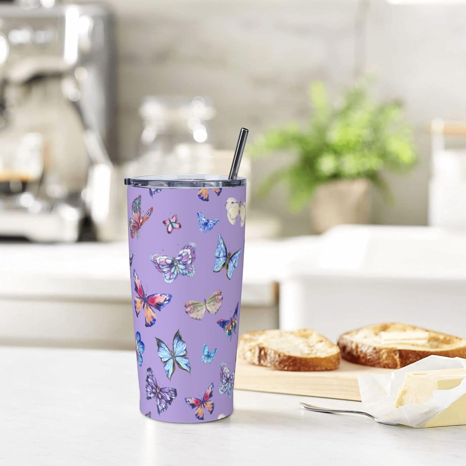 Purple Butterfly Tumbler,Butterfly 20oz Stainless Steel Insulated Travel Tumblers,Travel Coffee Mug with Lid and Straw Water Bottle Drink Tumbler Cups Gifts for Women Men Lovers