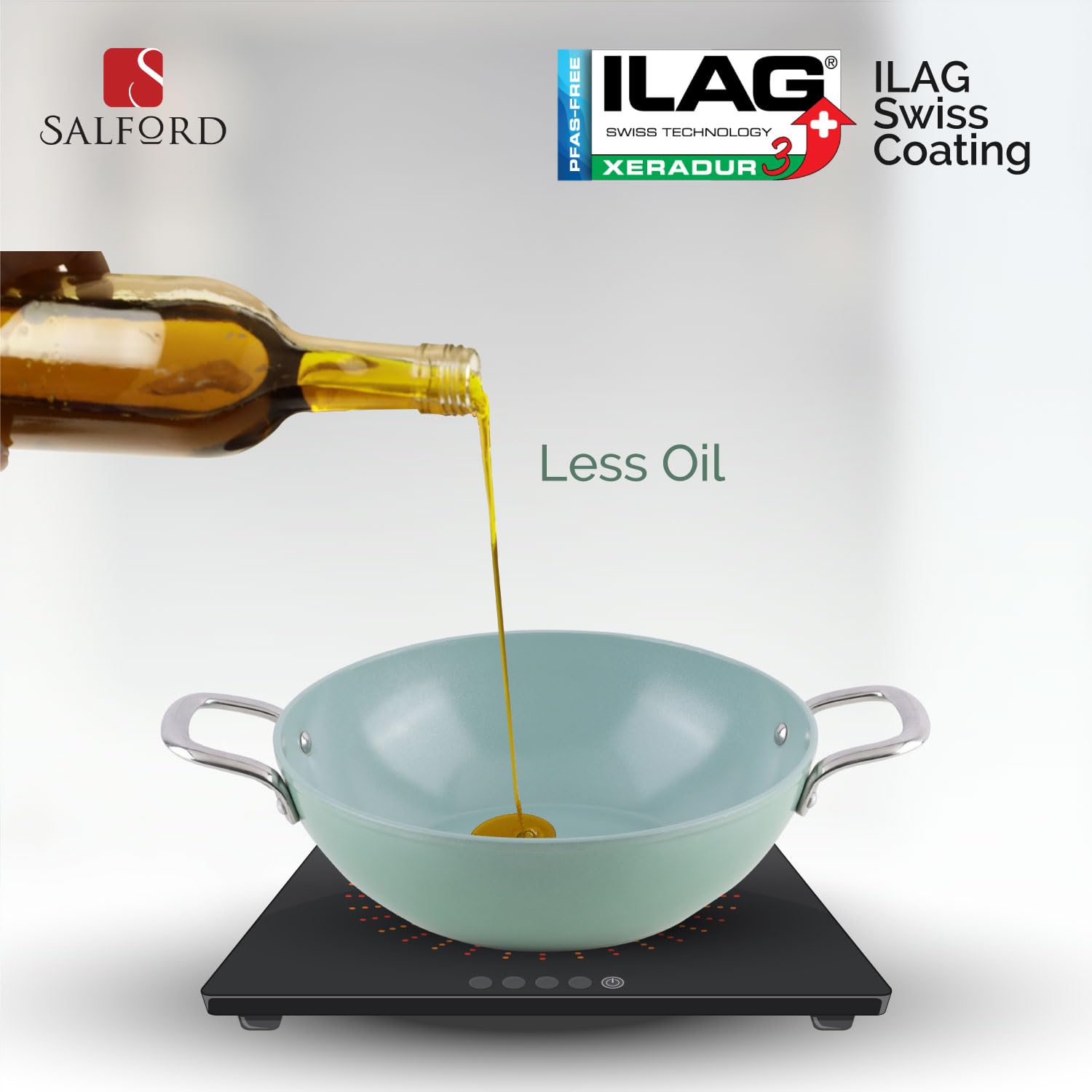 SALFORD Ceramic Non Stick Kadai, Glass Lid, Ceramic Coated Frying Kadhai, ISI Certified, Forged Aluminium, Non Toxic Woks PFAS & PTFE Free, 2 Yr Warranty (Green, 24cm) — Amazon image 4