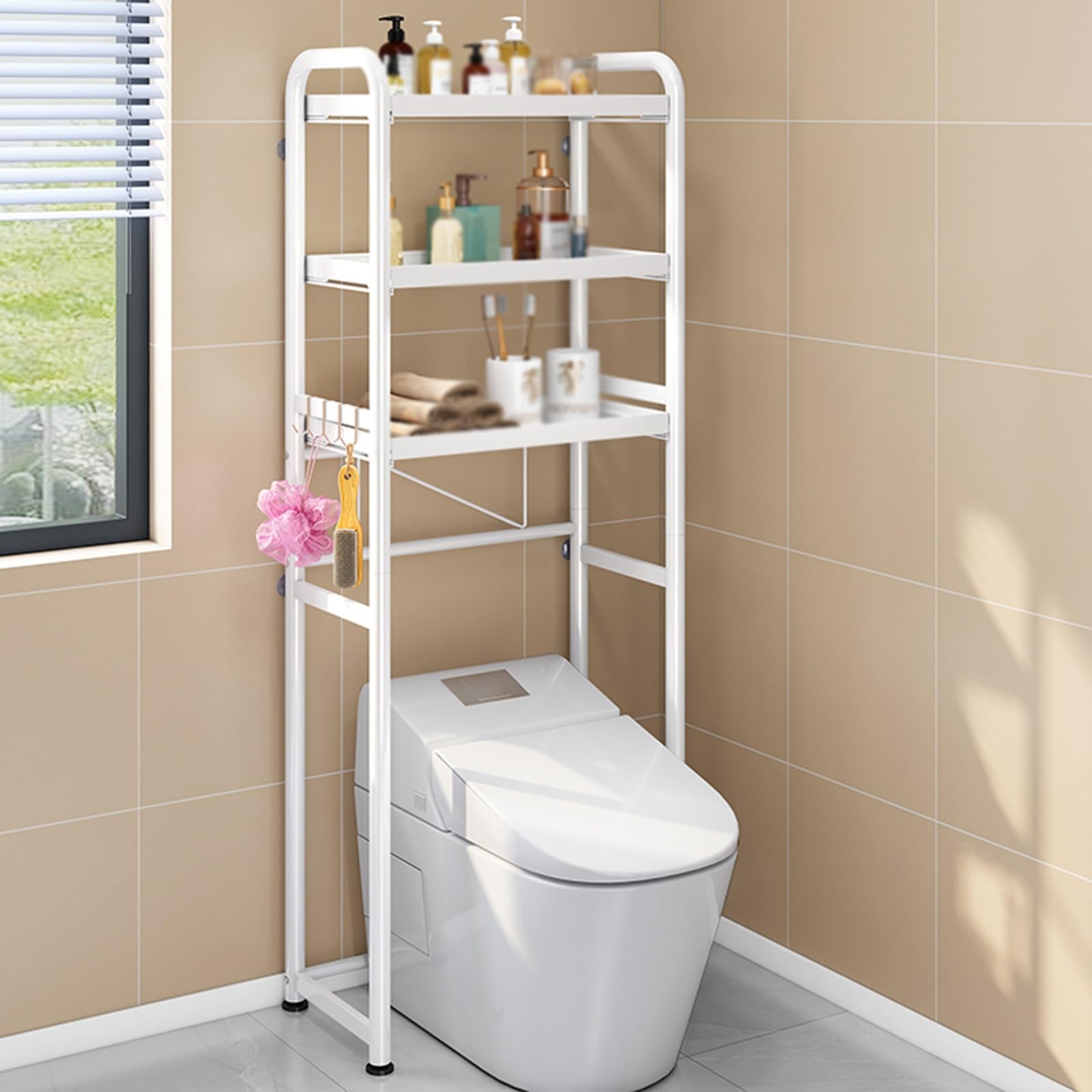 Salvaspazio da bagno sopra il WC e portasciugamani si adatta alla maggior parte dei servizi igienici, facile da montare, elegante design bianco per soluzioni di archiviazione efficienti