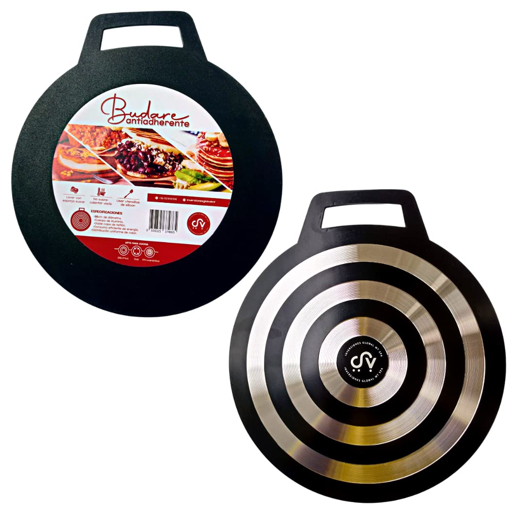 Budare Superficie Antiadherente 30 cm de diámetro, material de aluminio, ideal para arepas, tortillas, crepes, quesadillas, pizza y más.
