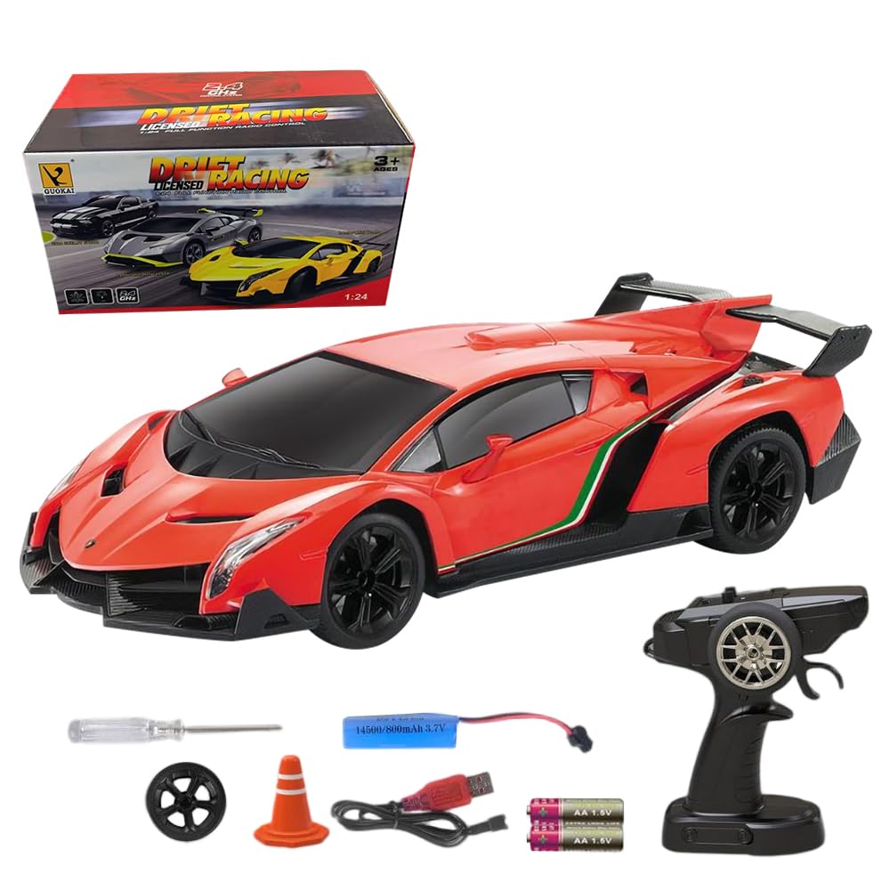 JOAASU Lamborghini RC Drift Car, 1:24 Remote Control Car with LED Lights for Kids Adults, 4WD High Speed RC Cars with Extra Drifting Tires, 35KM/H Racing with Speed Adjustment for Drift and Race