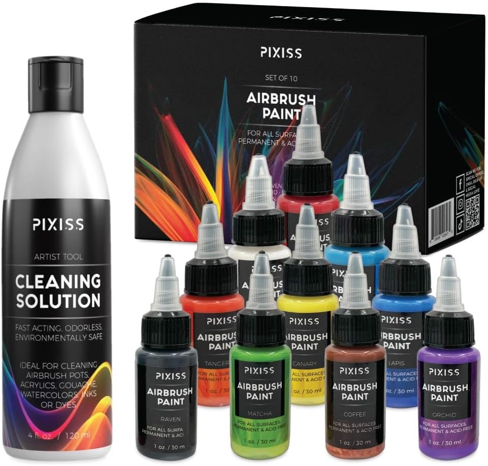 Pixiss Acrylic Airbrush Paint Set (10 Colors, 1 Oz) with Airbrush Cleaner (4 Oz) and Flow Improver - Acid Free, Ready to Spray Air Brush Paints for Model Painting - Art Brush Cleaner and Restorer