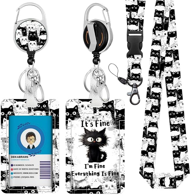 Cat Lanyards for ID Badge, Black Cat ID Badge Holder with Retractable Reel clipand Keychain, Vertical Identity Badge Cover Case Protectorwith Name Tag for Student Teacher Nurse Women Men — image 1