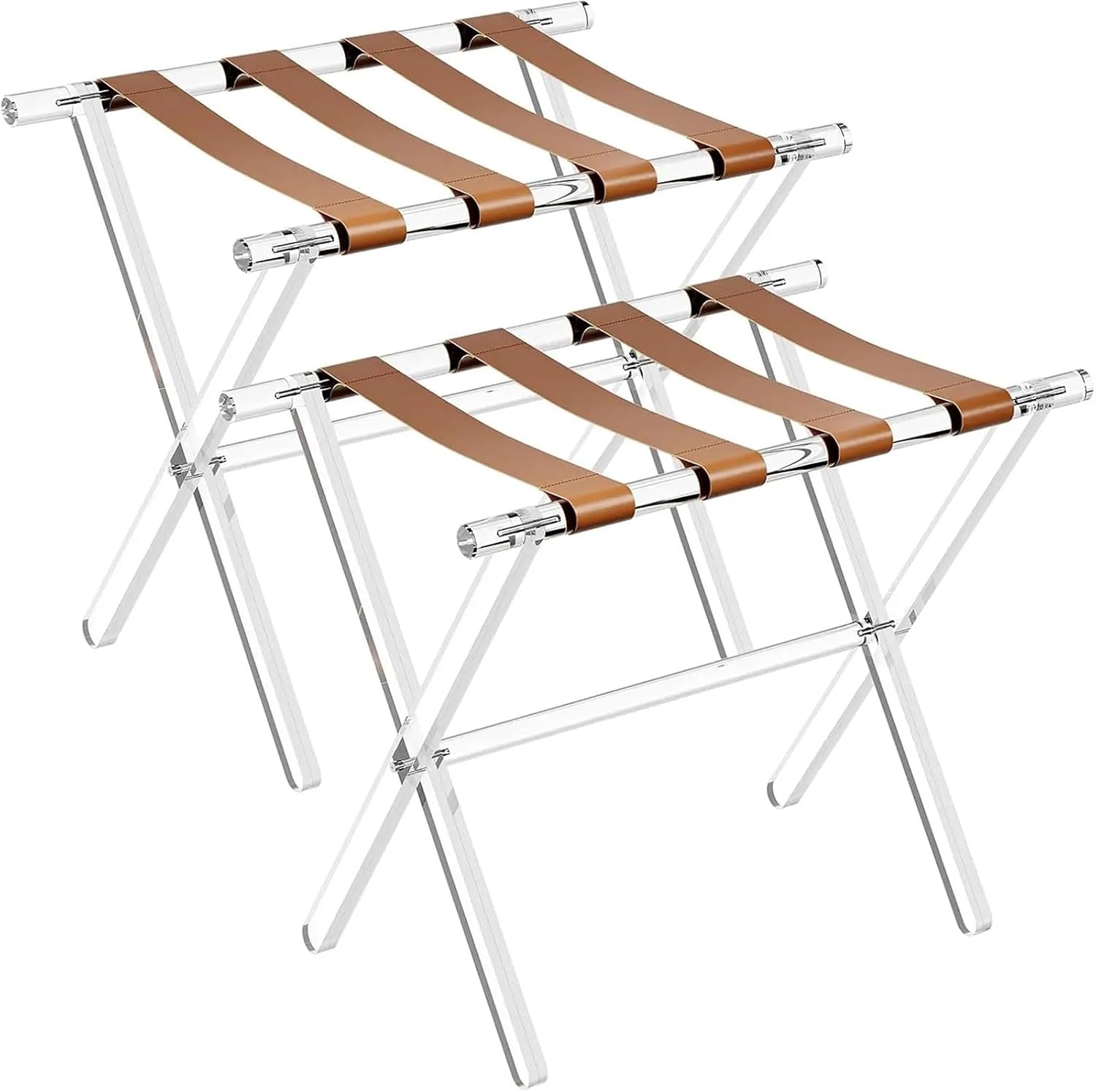 Luggage Rack 2pcs Luggage Rack with Brown Leather Straps for Guest Room Pack Foldable Clear Fancy Suitcase Stand for Home,Travel