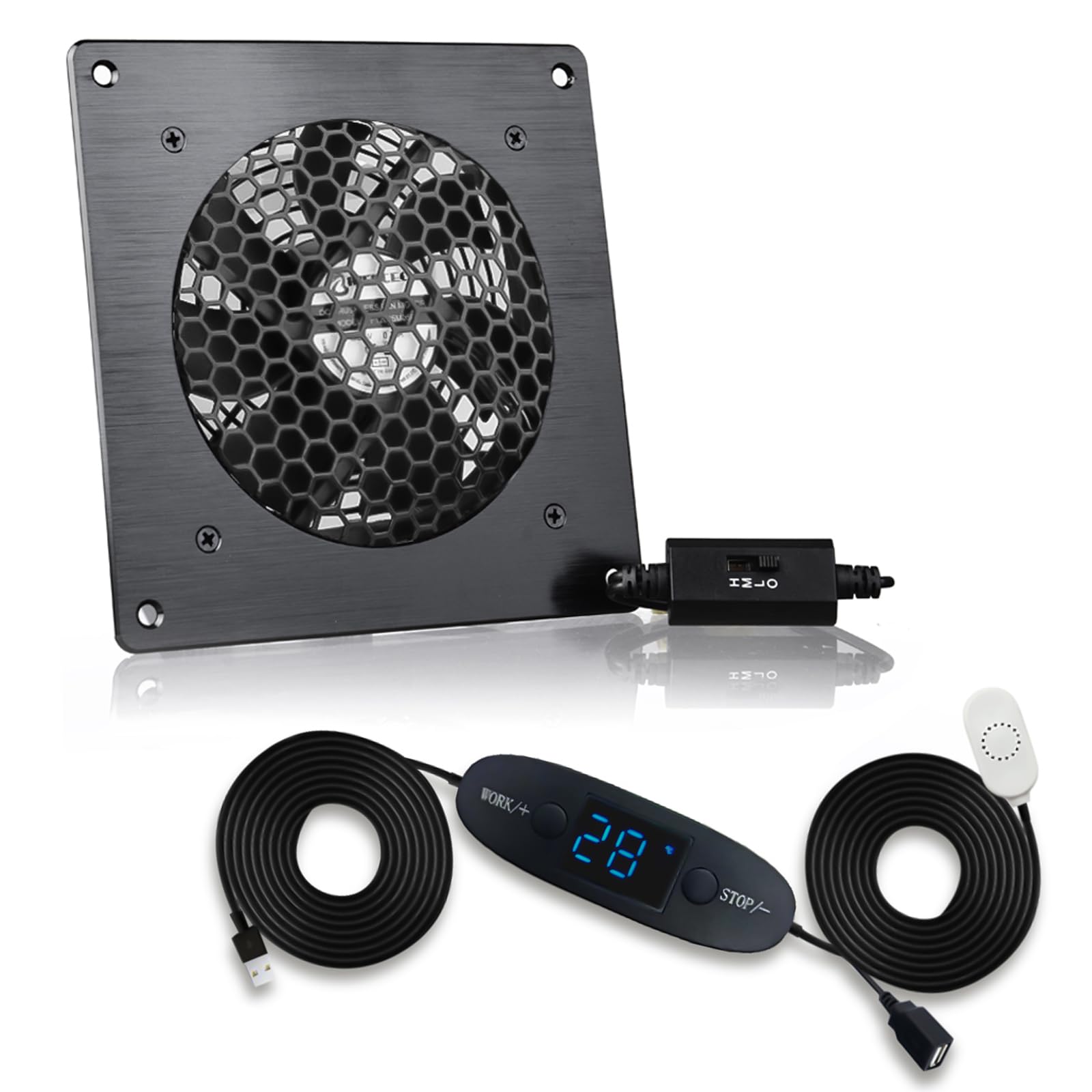 Ventilador USB de 120 mm pantalla digital control de temperatura, sistema de ventilador silencioso, ventilador de 5 V, con moderno marco de aluminio cepillado negro para armario AV de cine