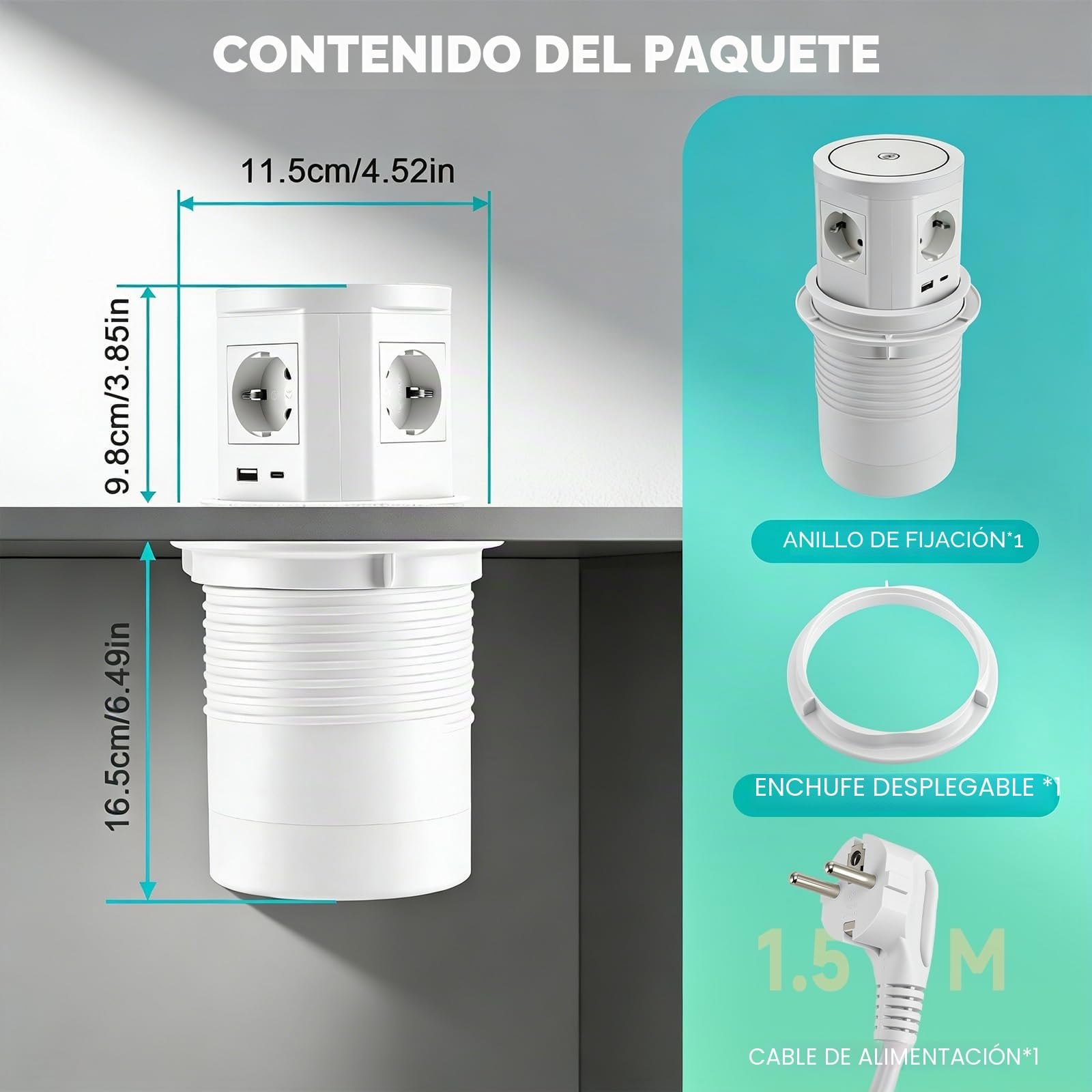 Enchufe Empotrable Retractil con PD USB-C PD 75 W, 8 en 1 Regleta de Alimentación de Mesa, 4 Enchufe de Mesa Retráctil con Carga Inalámbrica de 15 W para Encimera, Escritorio
