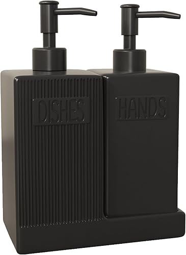 Dispensador de jabón con bandeja, paquete de 2 dispensadores de jabón de cerámica para platos y manos con embudo, almohadillas de silicona