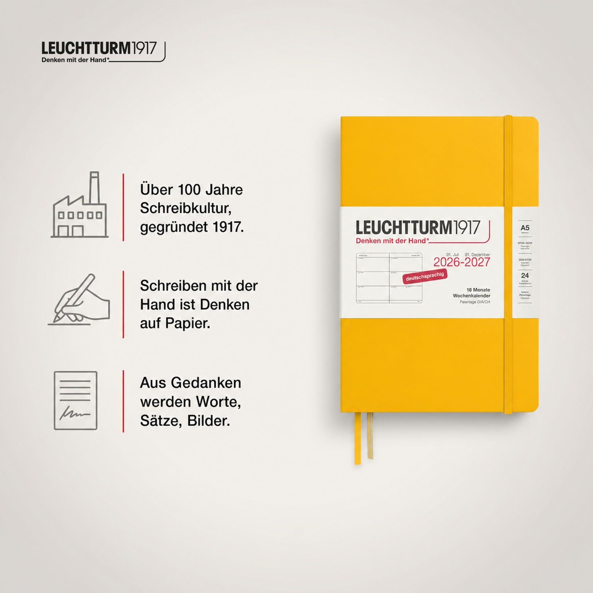 LEUCHTTURM1917 Kalendarz tygodniowy na rok 2027 średni (A5) – niemiecki, Sunflower, twarda okładka, 145 x 210 mm, 18 miesięcy - 07. 2026-12.2027, 1 tydzień na podwójnej stronie, papier 80 g/m² o