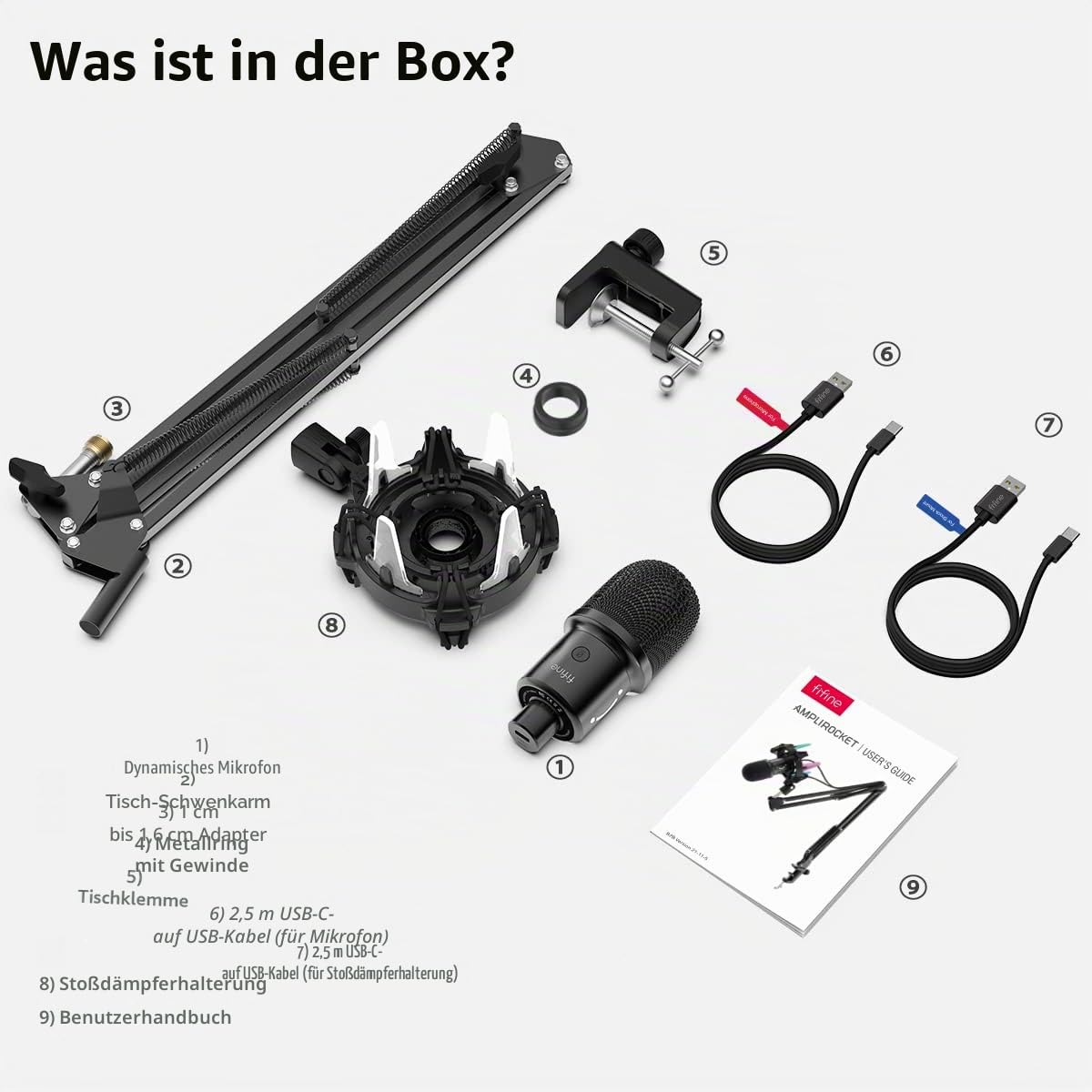 FIFINE Gaming Mikrofon PC mit Arm, 8 RGB Steuerungsmodi USB Microphone für MAC PS4 PS5, Dynamisches Microfon mit Mikrofonarm, Stummschalttaste, Shock Mount