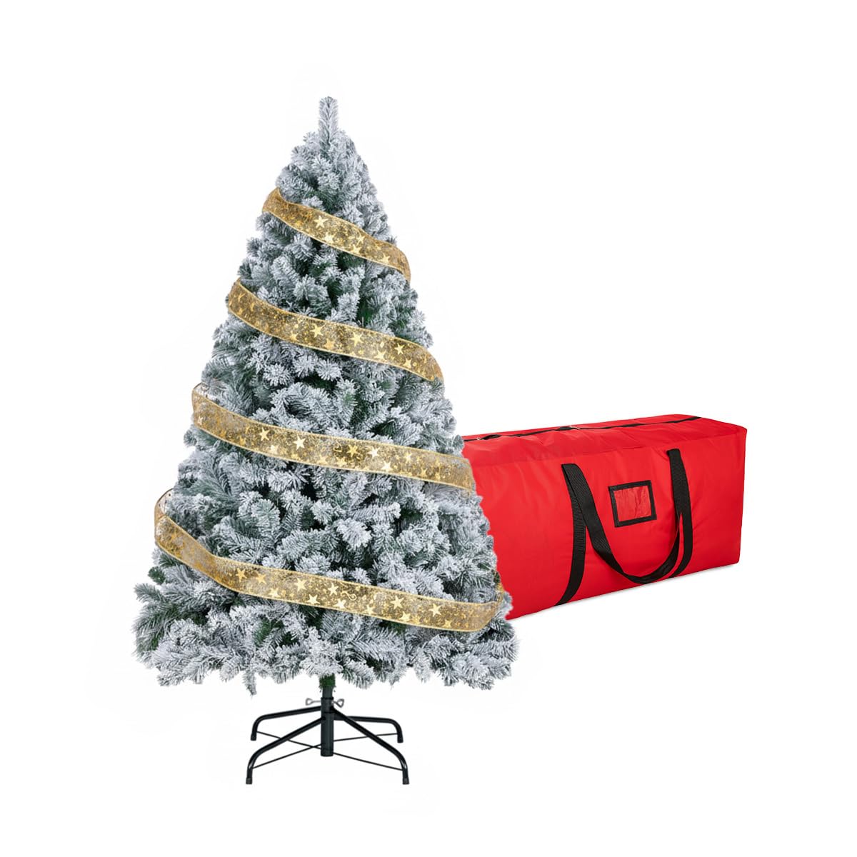 Sapin de Noël artificiel floqué de neige de 1,2 m avec 450 branches, épicéa de la vallée du Nord, support pliable en métal et accessoires de qualité supérieure – Assemblage facile, décoration de