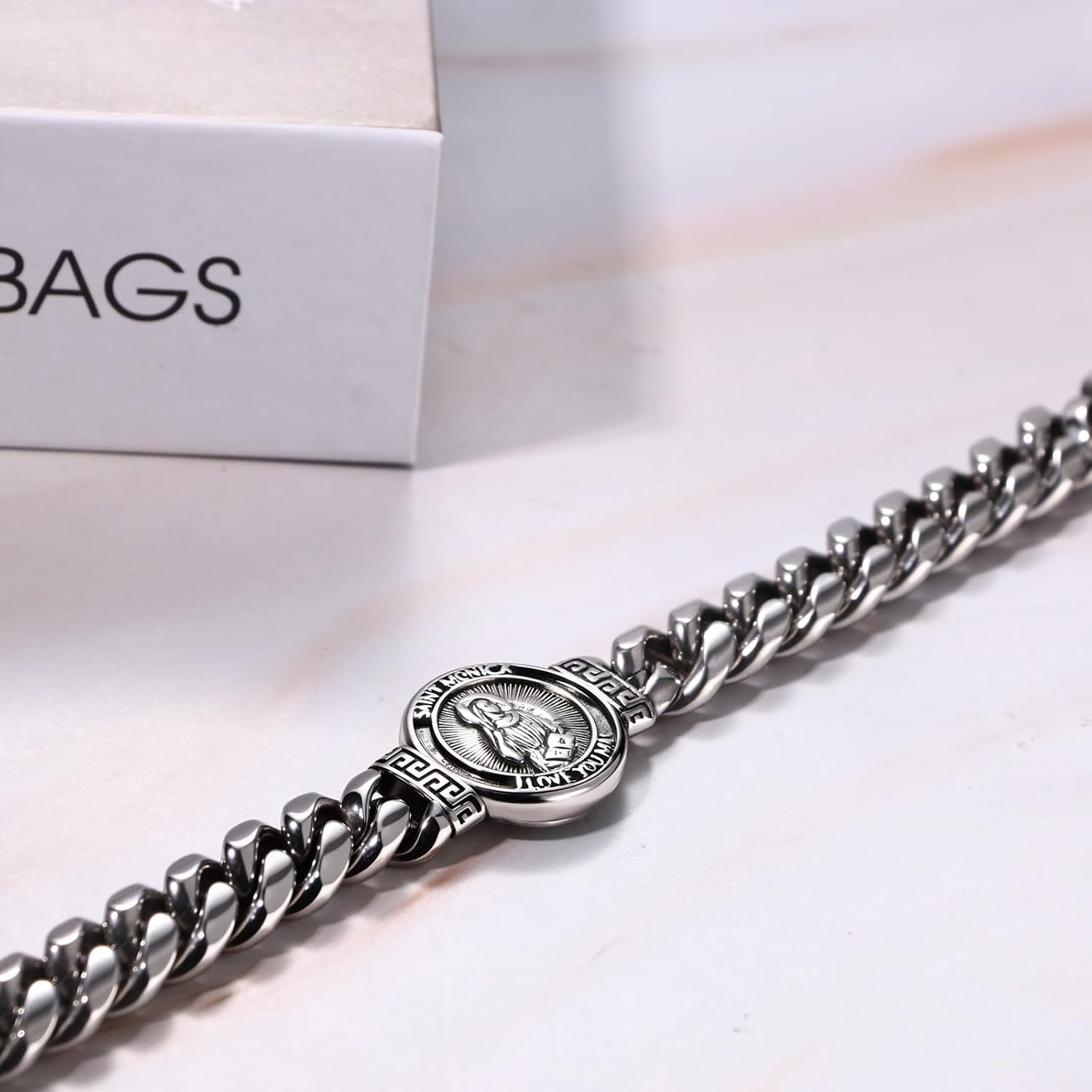 Aroncent Mens Cuban Link Bracelet: 9 Inch Stainless Steel Chain with Secure Clasp - Silver Religious Jesus Christ Jewelry - Image 6