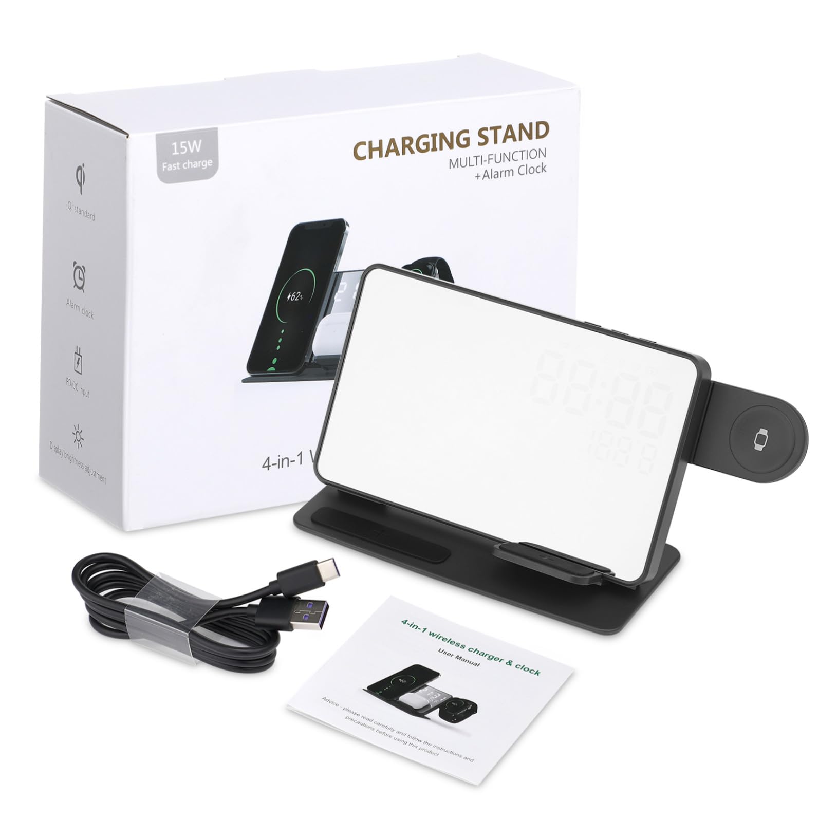 Station de Charge sans Fil avec Réveil LED et Thermomètre Support Rapide Compatible Smartwatch et Écouteurs Chargeur Induction Multifonction pour Bureau et Chambre