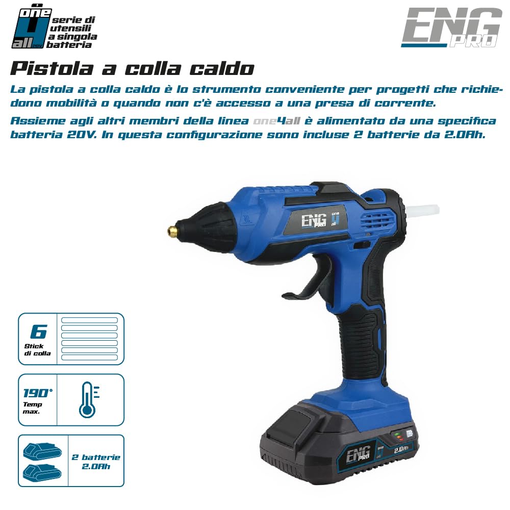 Pistola Colla a Caldo | Linea Professionale Monobatteria ONE4ALL | Riscaldamento in 3 Minuti, Indicatore LED | 2 batterie 2.0 Ah