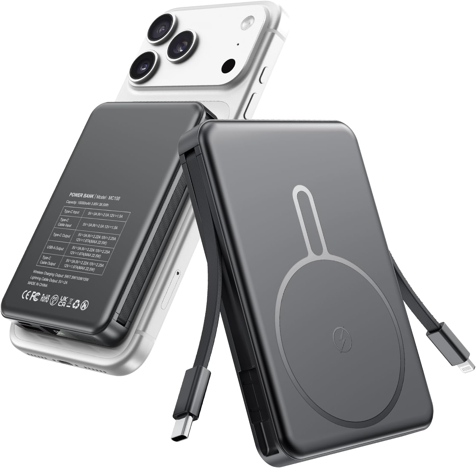 Magnetic Portable Charger 10000mAh for Magsafe Power Bank Built in Cables