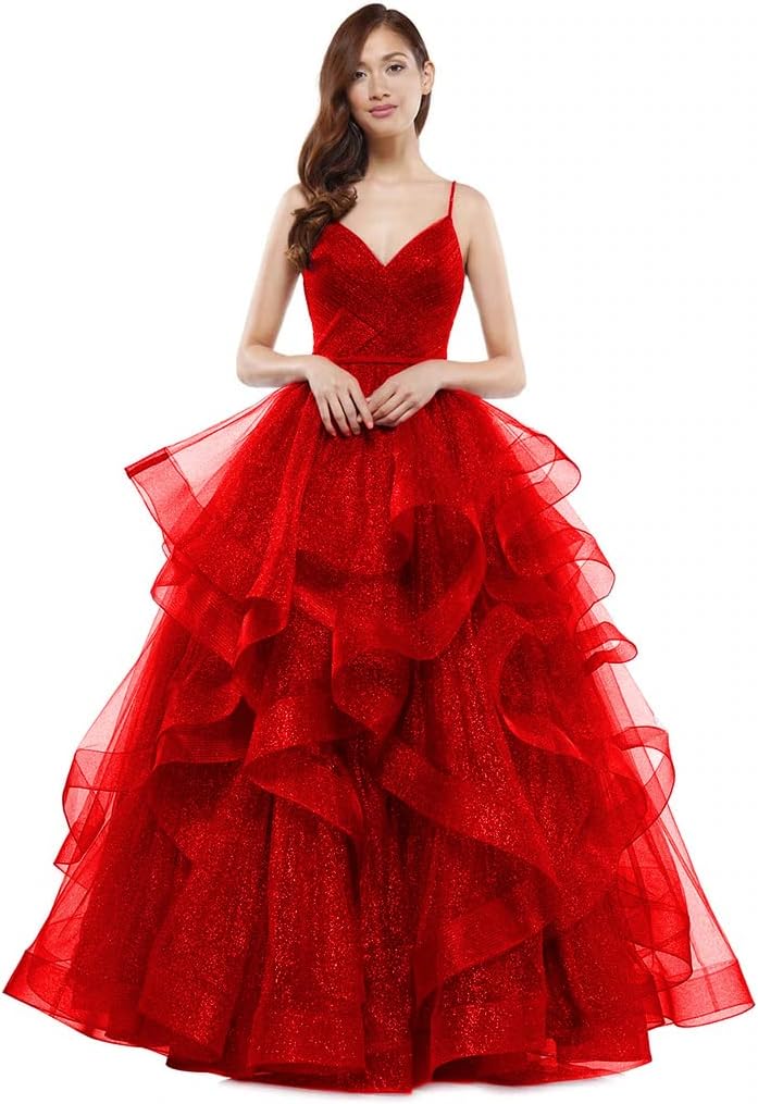 Glitter Tulle Ruffled Prom Dress Long Ball Gown for Women Formal Spaghetti Straps Formal Evening Party Gowns