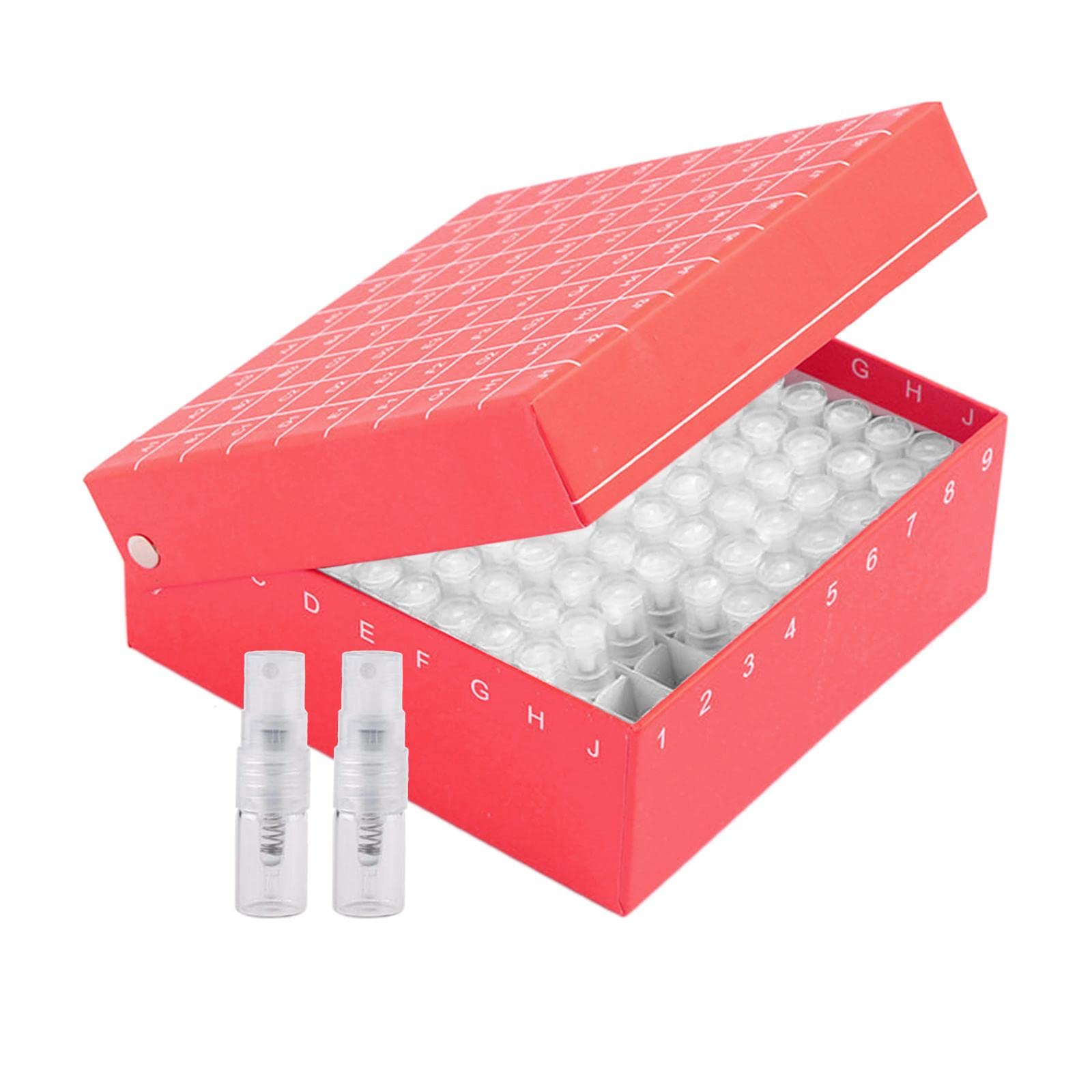 81 flaconi spray trasparenti portatili ricaricabili con organizer in polipropilene, design a ioni di perdite, materiali ecologici, mini oli essenziali da viaggio, custodia rossa