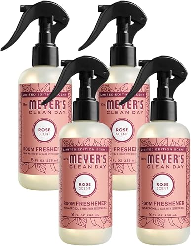 Mrs. Meyer's Clean Day - Ambientador en espray, aroma a rosas, contiene aceites esenciales 8 onzas líquidas (paquete de 4 unidades)