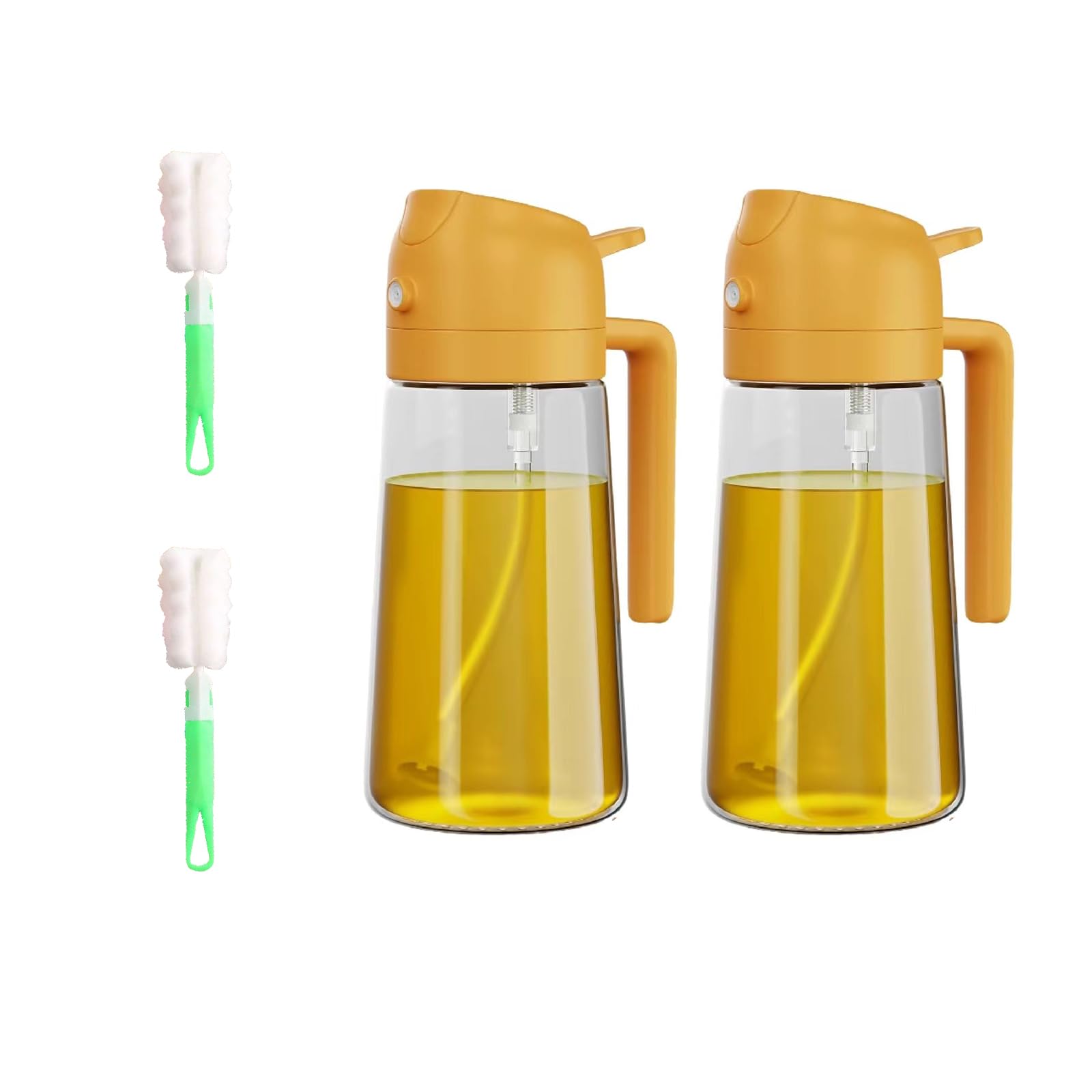 GXABK 16oz/470ml Olive Oil Dispenser for Kitchen Gadgets - 2 in 1 Olive Oil Dispenser and Olive Oil Spray - Olive Oil Sprayer for Cooking, Kitchen, Salad, Barbecue, 2 Pack and includ 2 Brush (Yellow)